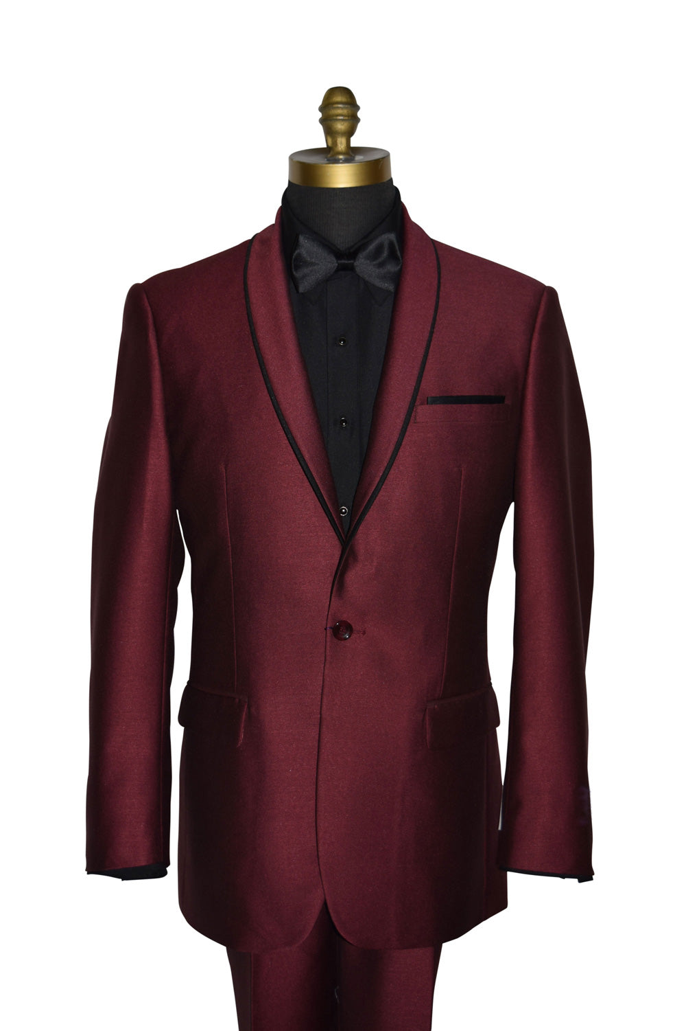 close-up mannequin wearing a burgundy shawl collar tuxedo with a black shirt and black bow tie against a white background