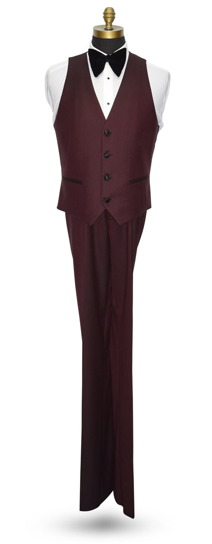 burgundy tuxedo vest and pants set with a large butterfly-bowtie on a mannequin with a white background