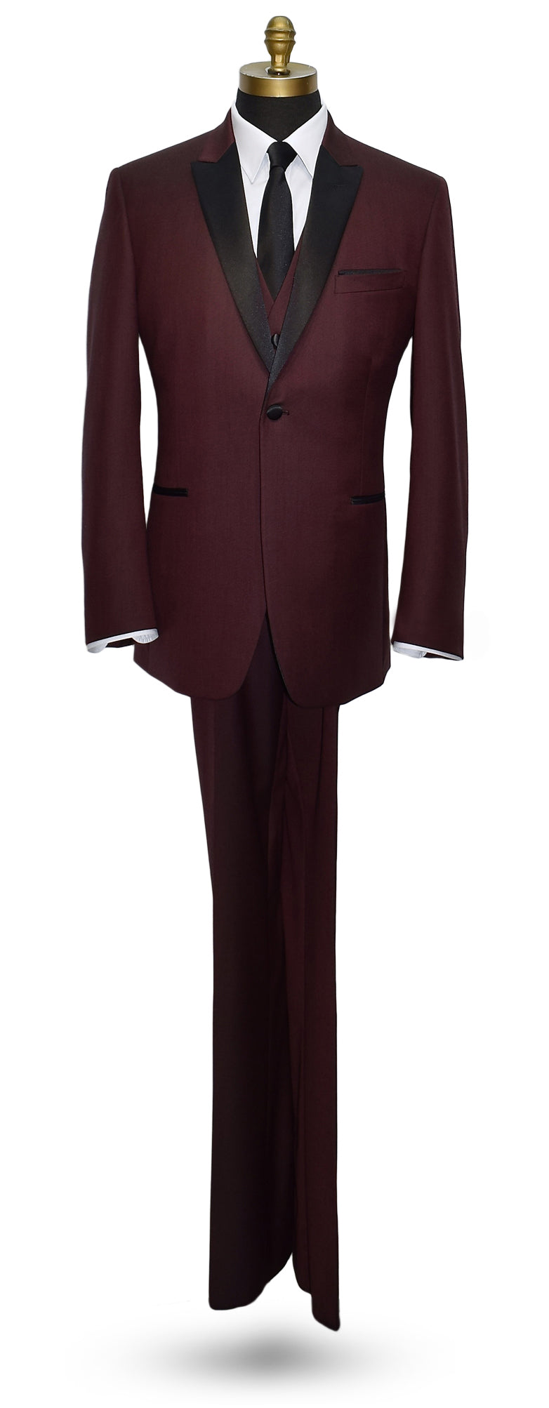 Burgundy tuxedo with black lapels and burgundy vest-wearing a black skinny necktie on a mannequin against a white background