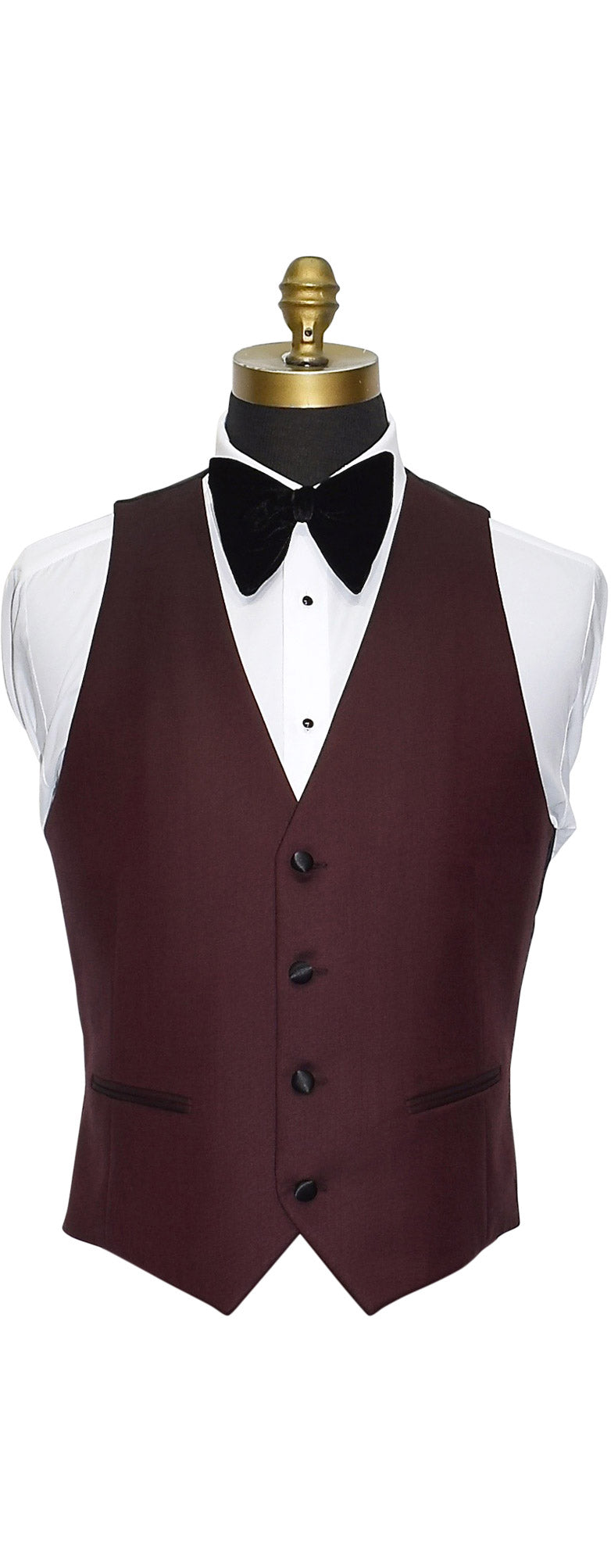 burgundy wool vest with a white tuxedo shirt and black bowtie against a white background