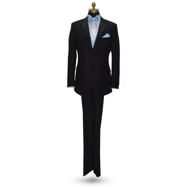 full length mannequin wearing a black notch tuxedo with a capri-blue "tie-yourself" bowtie and vest against a white background