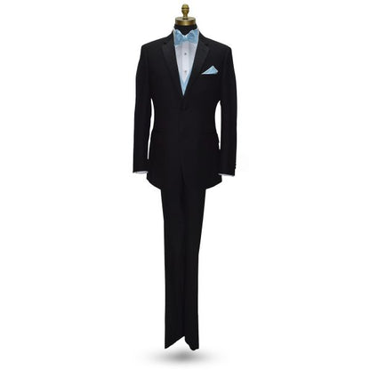 full length mannequin wearing a black notch tuxedo with a capri-blue "tie-yourself" bowtie and vest against a white background