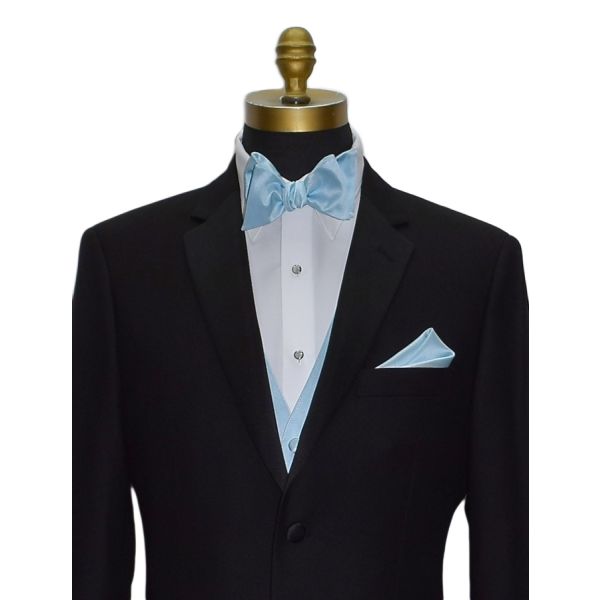 close-up mannequin wearing a black notch lapel tuxedo with a capri-blue "tie-yourself" bowtie and white tuxedo shirt against a white background