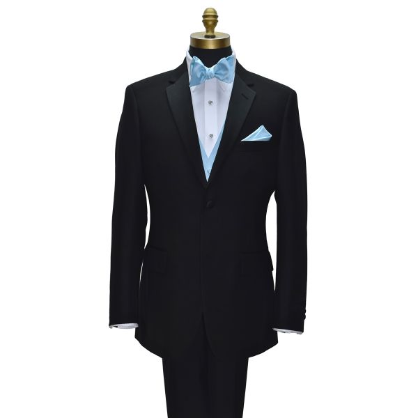 mannequin wearing a black notch tuxedo with a capri-blue "tie-yourself" bowtie and vest against a white background