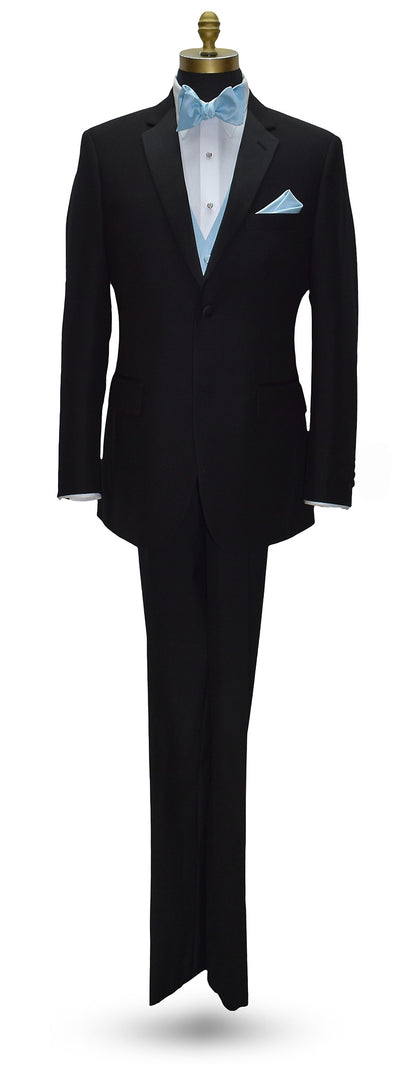 life-size mannequin of black notch lapel tuxedo with white tuxedo shirt with a capri-blue "tie-yourself" bowtie and matching capri-blue tuxedo vest and pocket handkerchief against a white background