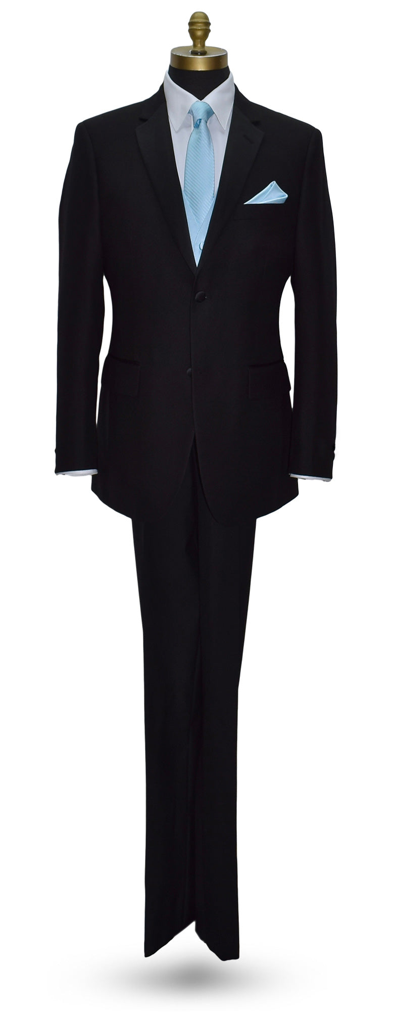 life-size mannequin wearing a black tuxedo with a capri-blue tuxedo vest and capri-blue striped necktie and pocket handkerchief against a white background