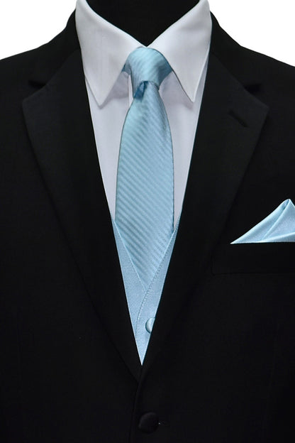 close-up black tuxedo wearing a capri-blue tuxedo vest and capri-blue striped necktie on a white shirt against a white background