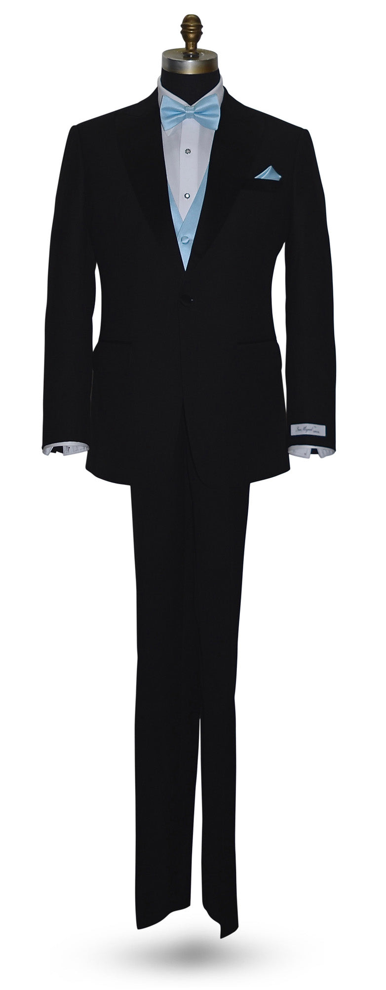 full size mannequin wearing a "San Miguel Especial" black peak-lapel tuxedo with a white dress shirt and a capri-blue tuxedo vest and  capri-blue "pre-tied" bowtie and pocket handkerchief against a white background