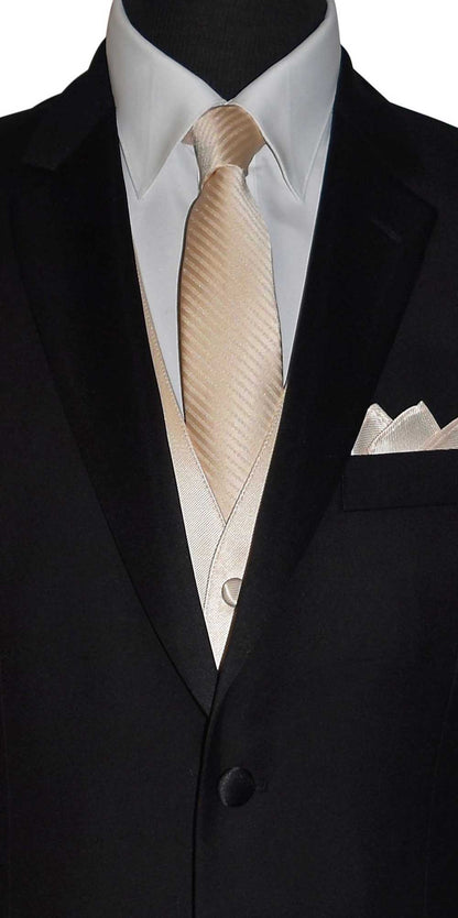 very close-up front view black notch-lapel tuxedo wearing a champagne colored necktie with subtle champagne stripe against a white background