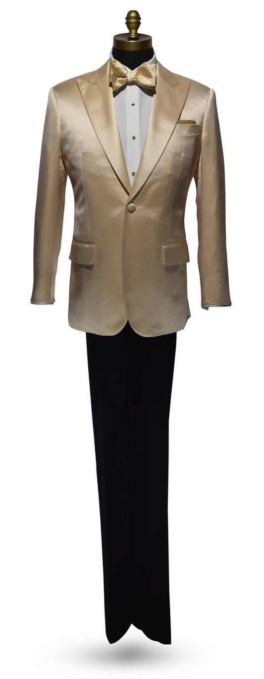 life size mannequin wearing a champagne satin colored dinner jacket with a white tuxedo shirt and a champagne colored "tie-yourself" bowtie against a white background