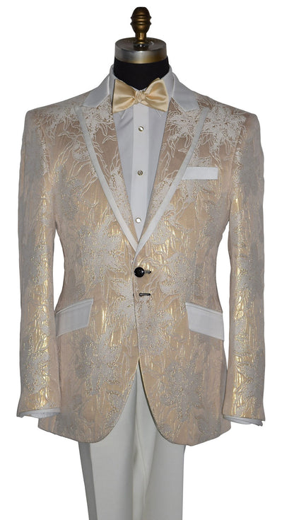 close-up Champagne color tuxedo with satin trim on the peak lapels shown with ivory pants and an champagne tie-yourself bowtie on a mannequin against a white background