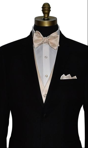 Black tuxedo with white shirt, champagne vest and bow tie, and pocket square on a mannequin against a white background.