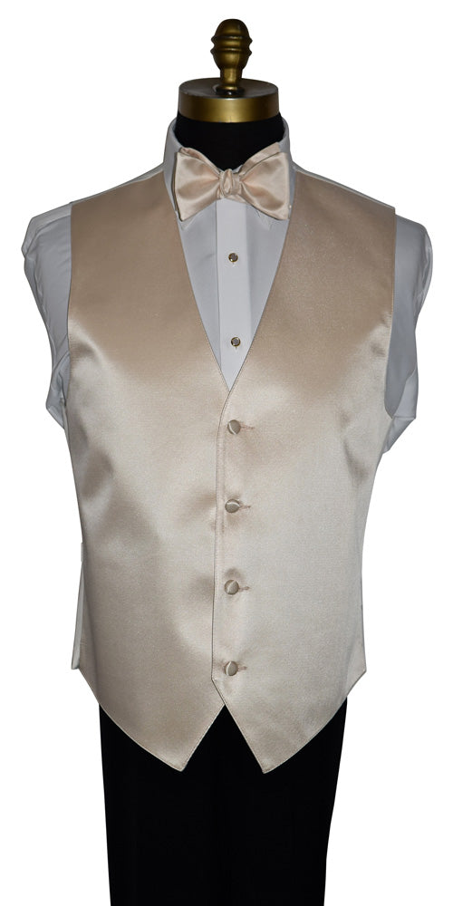 mannequin wearing a champagne tuxedo vest and a champagne bowtie against a white background