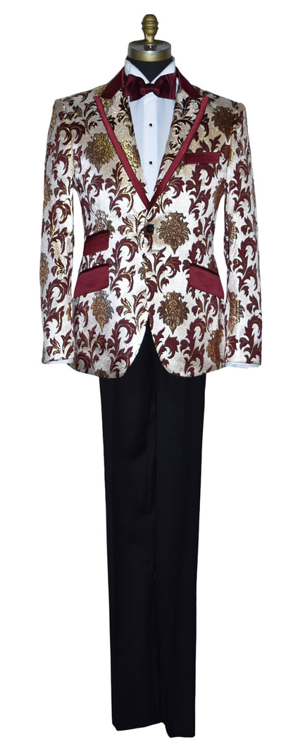 life size mannequin wearing a champagne colored tuxedo with gold and burgundy floral pattern with a burgundy bowtie against a white background