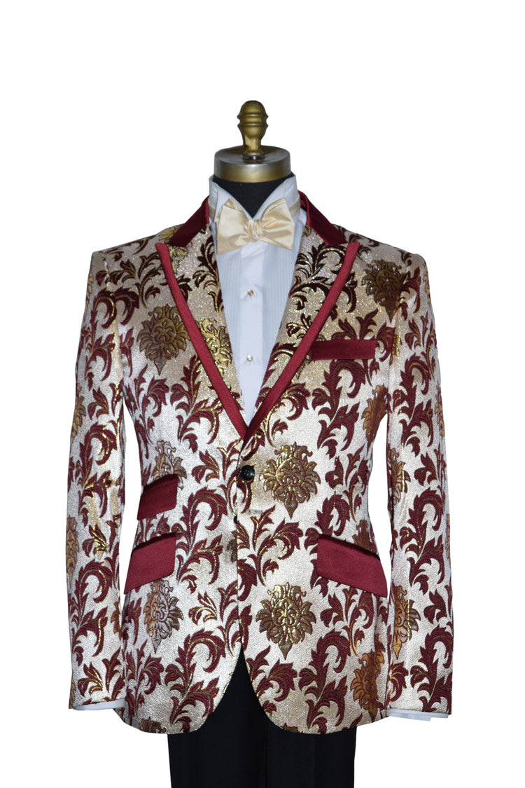 close-up mannequin wearing a champagne colored tuxedo with gold and burgundy floral pattern against a white background