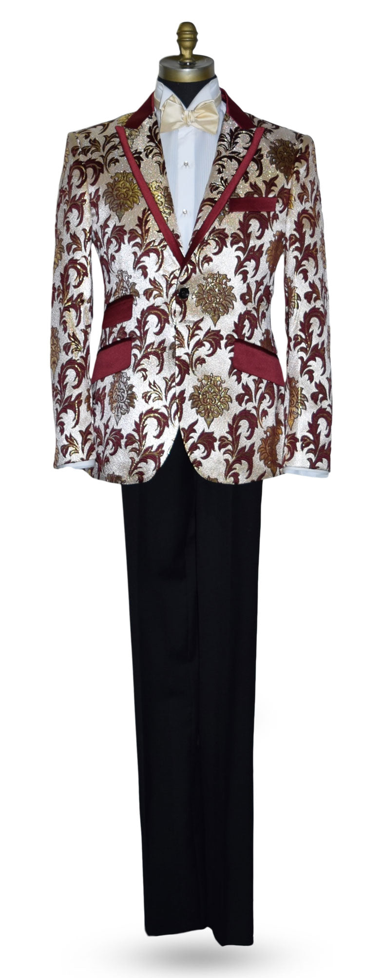 life size mannequin wearing a champagne colored tuxedo with gold and burgundy floral pattern with a champagne colored tie-yourself bowtie against a white background