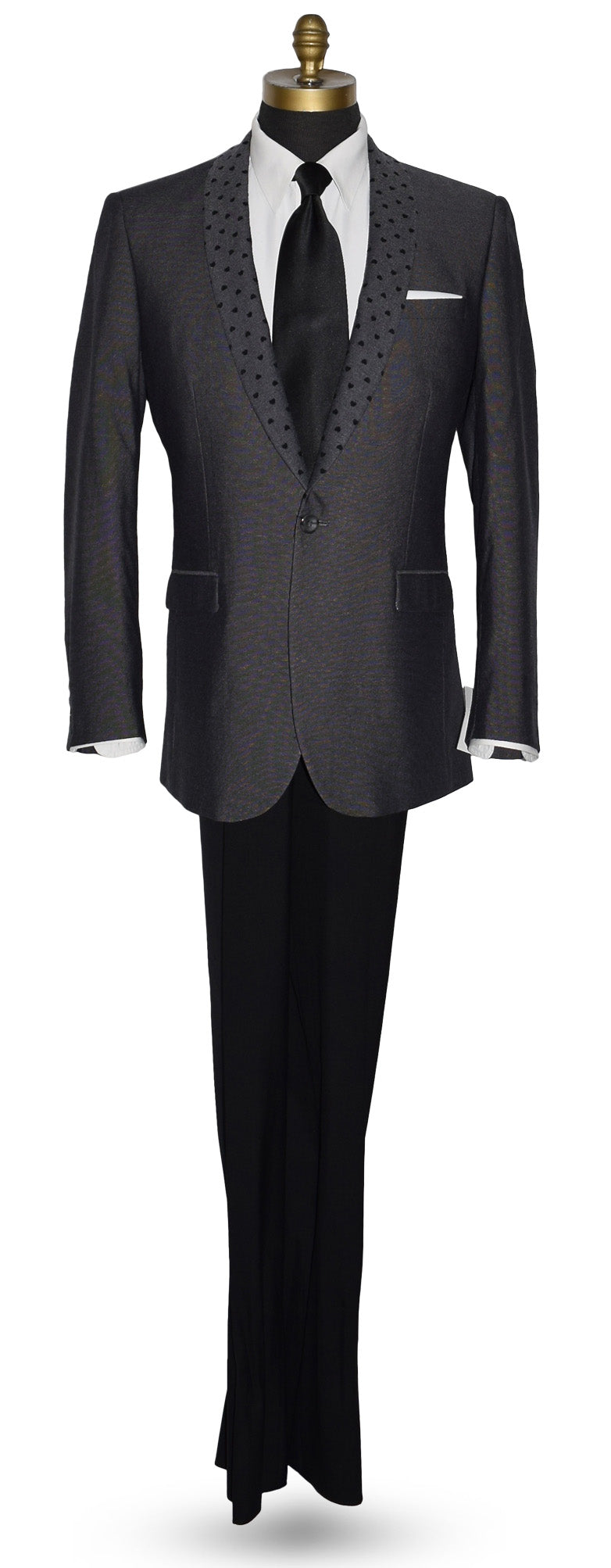 mannequin wearing a charcoal gray dinner jacket with a white tuxedo shirt and black long neck-tie against a white background