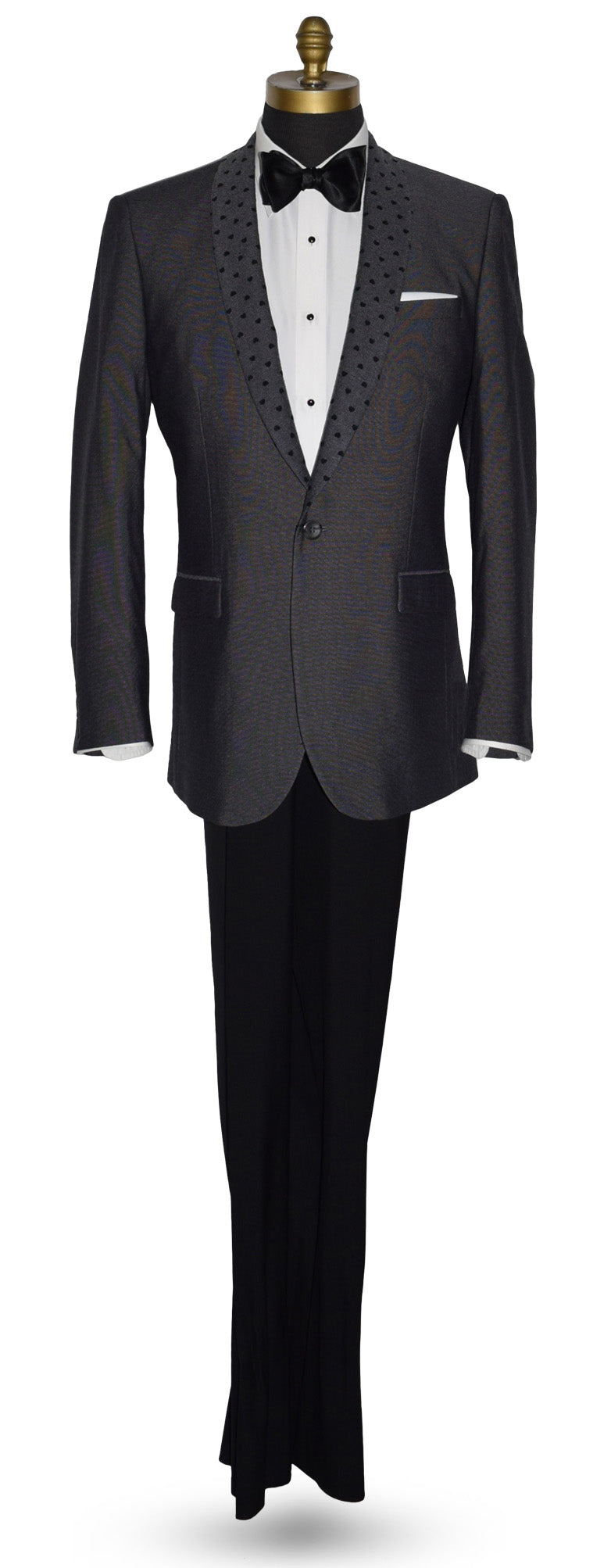 life size mannequin wearing a charcoal gray dinner jacket with a white shirt and black bow tie on a mannequin against a white background