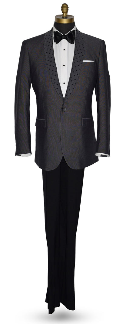 life size mannequin wearing a charcoal gray dinner jacket with a white shirt and black bow tie on a mannequin against a white background