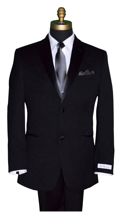 black notch-lapel tuxedo wearing a charcoal tuxedo vest with a charcoal striped necktie against a white background