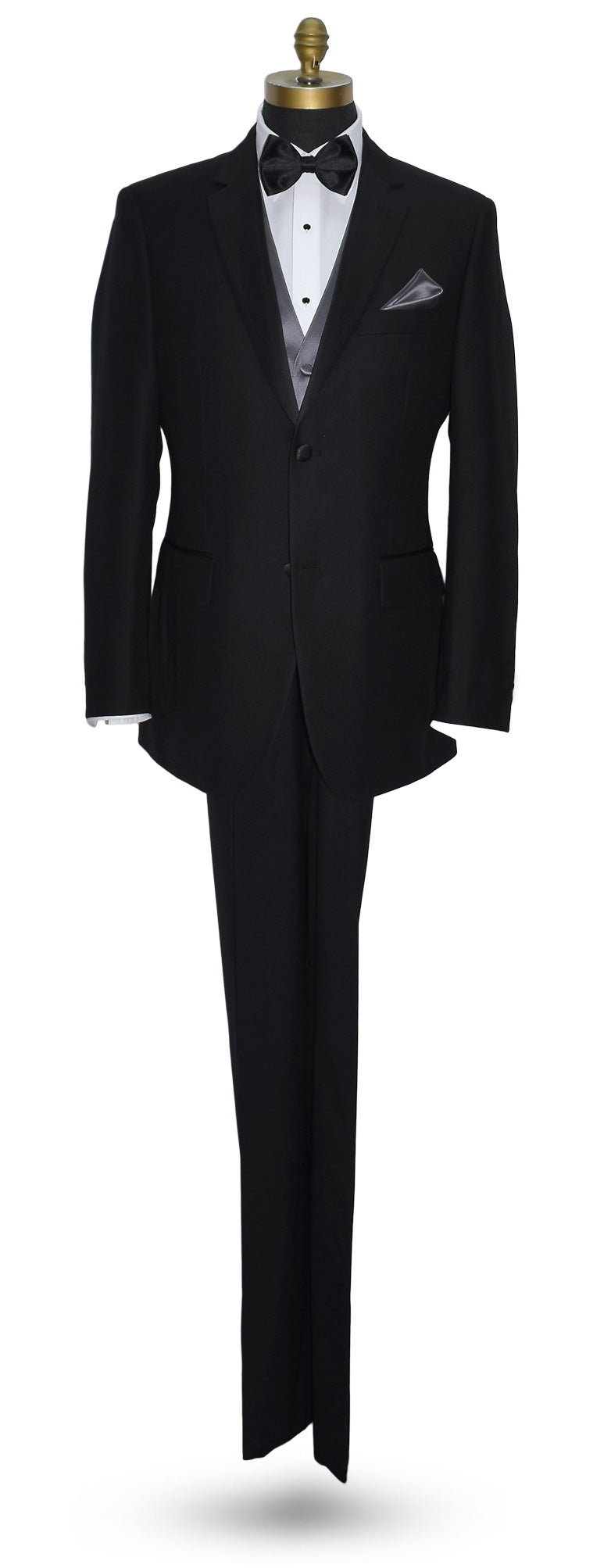 life-size mannequin wearing a black notch-lapel tuxedo with a white dress shirt and a charcoal tuxedo vest with a black satin "pre-tied" bow tie against a white background