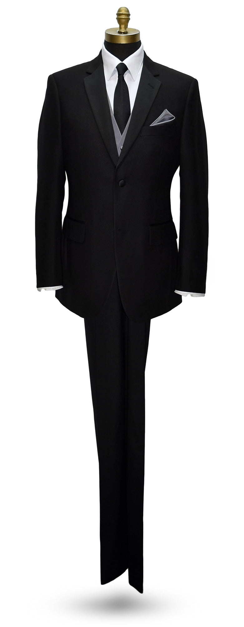 life size mannequin wearing a black notch-lapel tuxedo with a charcoal tuxedo vest with a black satin "skinny" necktie against a white background