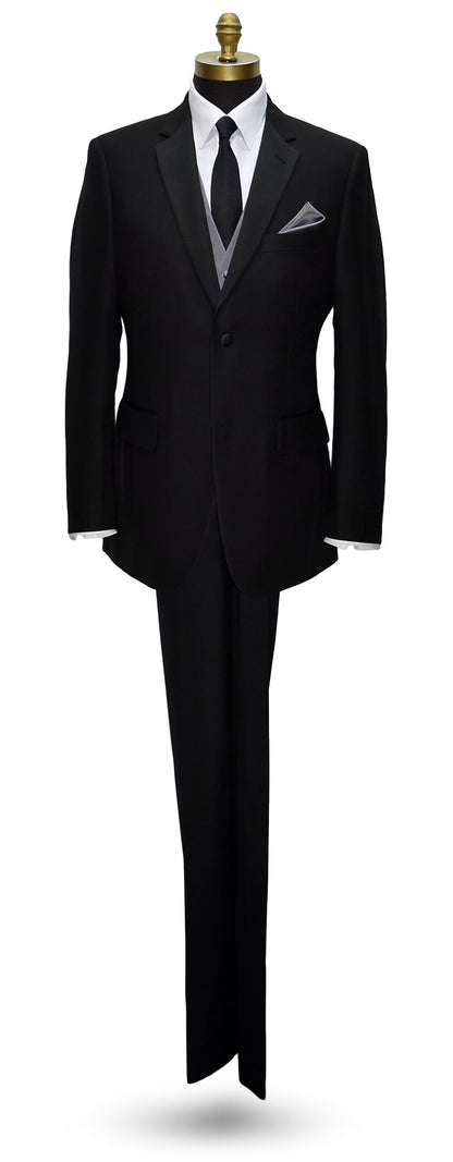 life size mannequin wearing a black notch-lapel tuxedo with a charcoal tuxedo vest with a black satin "skinny" necktie against a white background