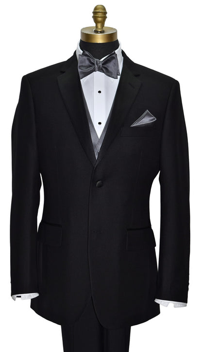 Black notch-lapel tuxedo with white shirt, gray "tie-yourself" bow tie, and pocket square on a mannequin against a white background.