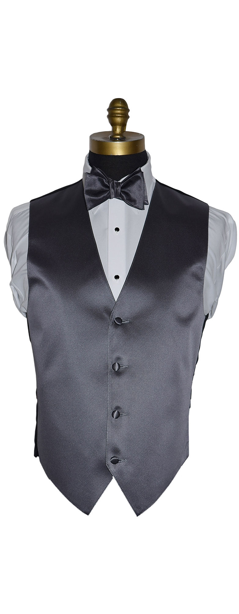 Charcoal tuxedo vest on a mannequin with a white shirt and charcoal "self-tie" bow tie against a white background