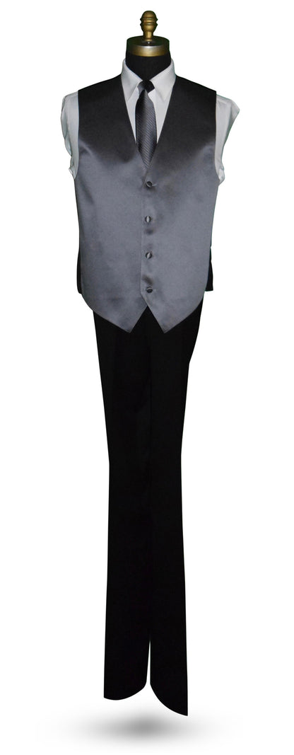 full size mannequin wearing a white shirt and black pants with a charcoal sating tuxedo vest and charcoal necktie with subtle charcoal stripe against a white background