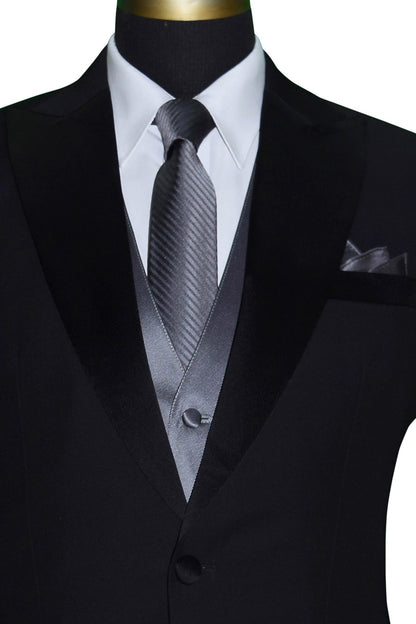 black tuxedo with charcoal striped necktie against a white background