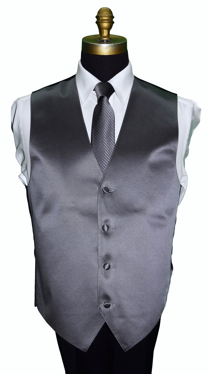 close-up mannequin wearing a white men's dress shirt with a charcoal satin vest and charcoal necktie with a subtle charcoal stripe against a white background