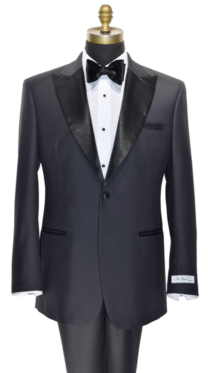 close-up charcoal peak lapel tuxedo on a mannequin wearing a black bowtie 