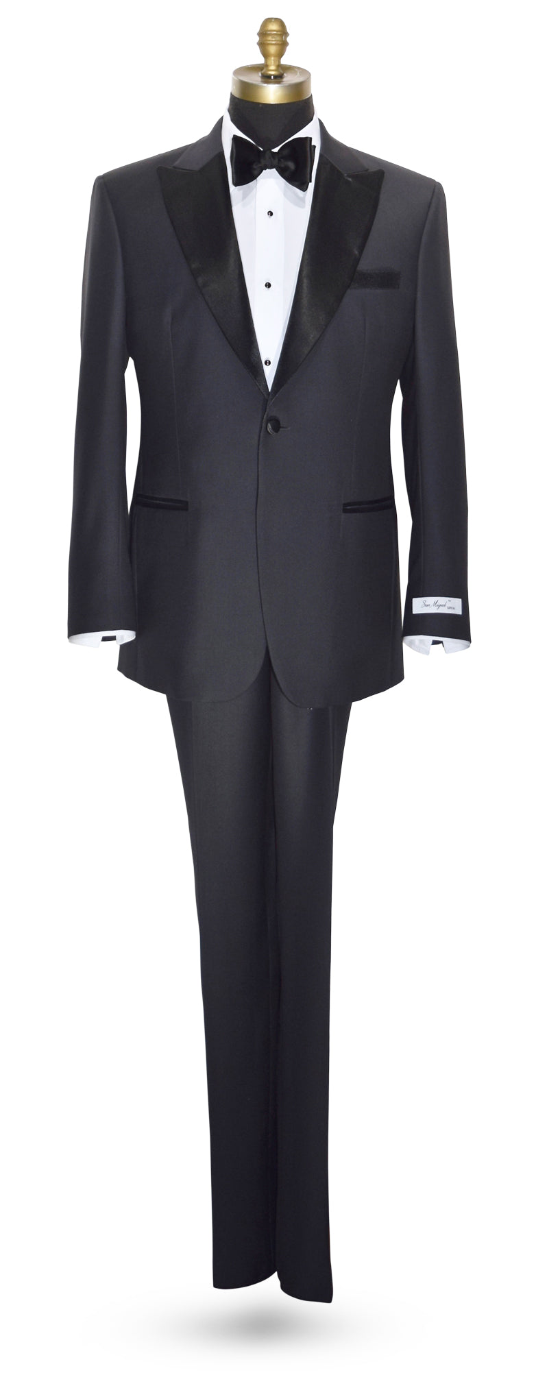 life size mannequin wearing charcoal peak lapel tuxedo with white tuxedo shirt and black bowtie