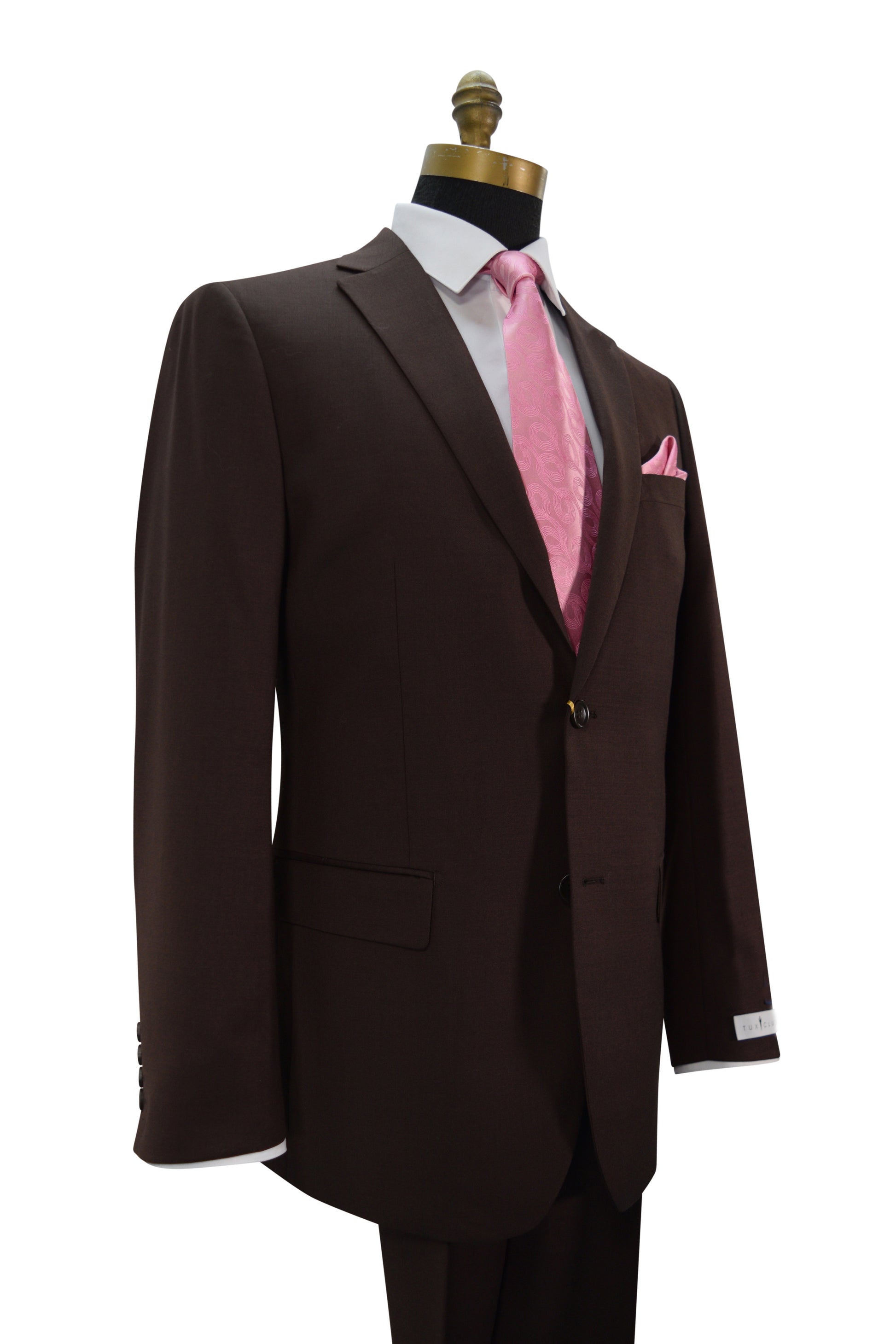 close-up side view- mannequin wearing a chocolate brown men's lightweight wool suit with a white dress shirt and a pink necktie and pocket handkerchief against a white background
