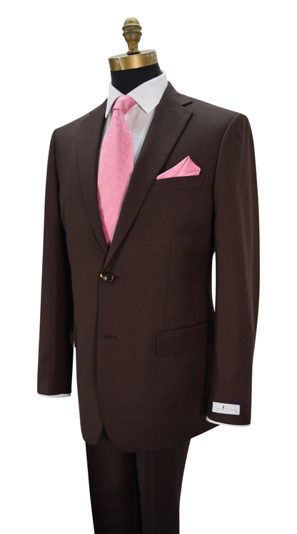 close-up front view-mannequin wearing a chocolate brown men's lightweight wool suit with a white dress shirt and a pink necktie and pocket handkerchief against a white background
