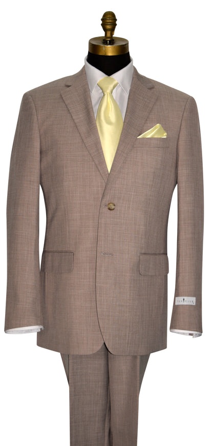 close-up mannequin wearing a brown men's suit with a yellow necktie against a white background