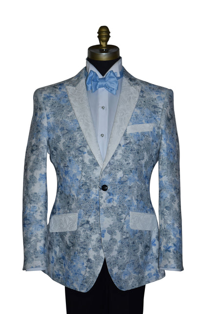 close-up Blue and gray tuxedo with a blue tie-yourself bow tie and crystal studs and cufflinks on a mannequin against a white background