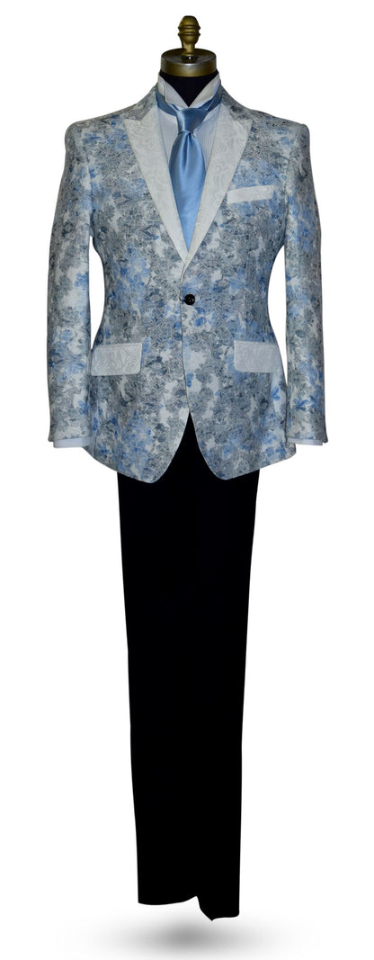 blue floral-patterned tuxedo jacket with a white tuxedo shirt and black pants on a white background