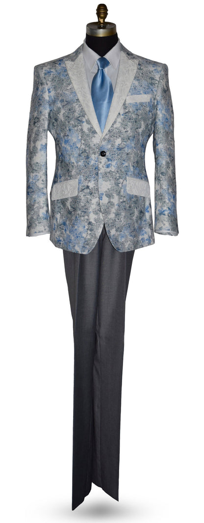 blue and gray floral-patterned tuxedo jacket with baby blue necktie and gray pants on a mannequin against a white background