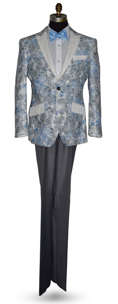 blue and gray-Floral-patterned tuxedo jacket with a baby blue bowtie and gray pants on a mannequin against a white background