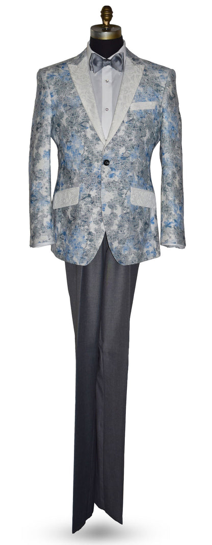 blue and gray floral pattern tuxedo jacket with white shirt and black pants on a mannequin against a white background