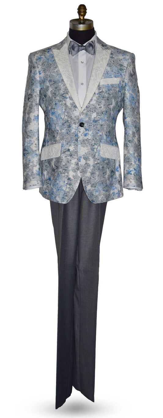 blue and gray floral pattern tuxedo jacket with white shirt and black pants on a mannequin against a white background