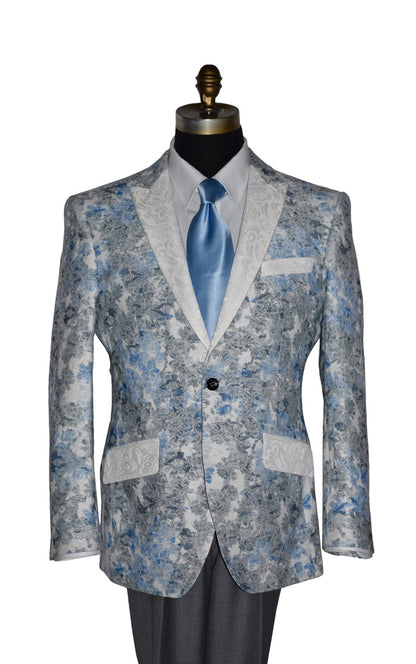 Floral-patterned tuxedo jacket with blue and gray on a mannequin with a white background