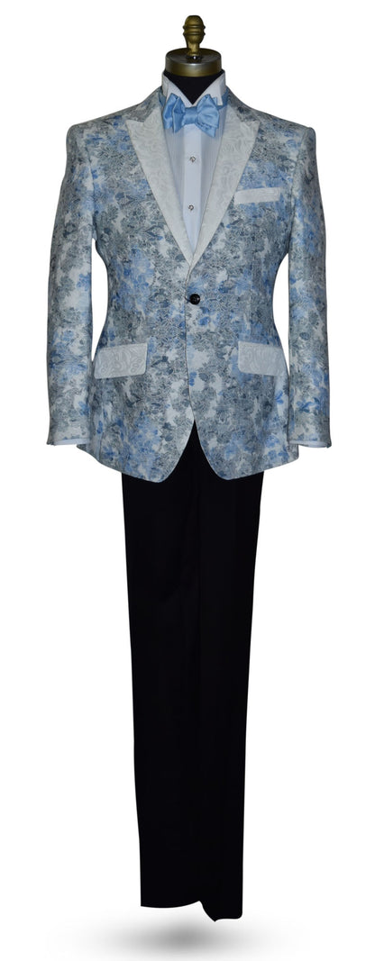 blue and gray floral-patterned tuxedo jacket with a white shirt and black pants and a baby-blue tie-yourself bowtie on a mannequin against a white background