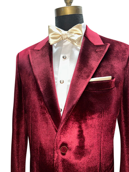 close-up burgundy red velvet dinner jacket with cream color bowtie