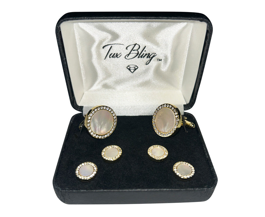 mother-of-pearl cufflinks and studs set in a gold setting with crystals in a 'Tux Bling' branded box.