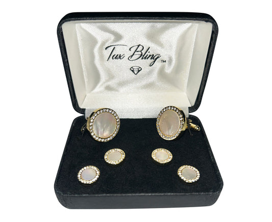 mother-of-pearl cufflinks and studs set in a gold setting with crystals in a 'Tux Bling' branded box.