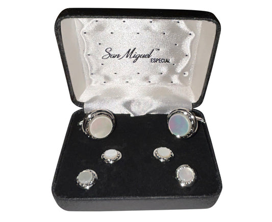 mother-of-pearl-cufflinks and studs with silver setting in a San Miguel branded box