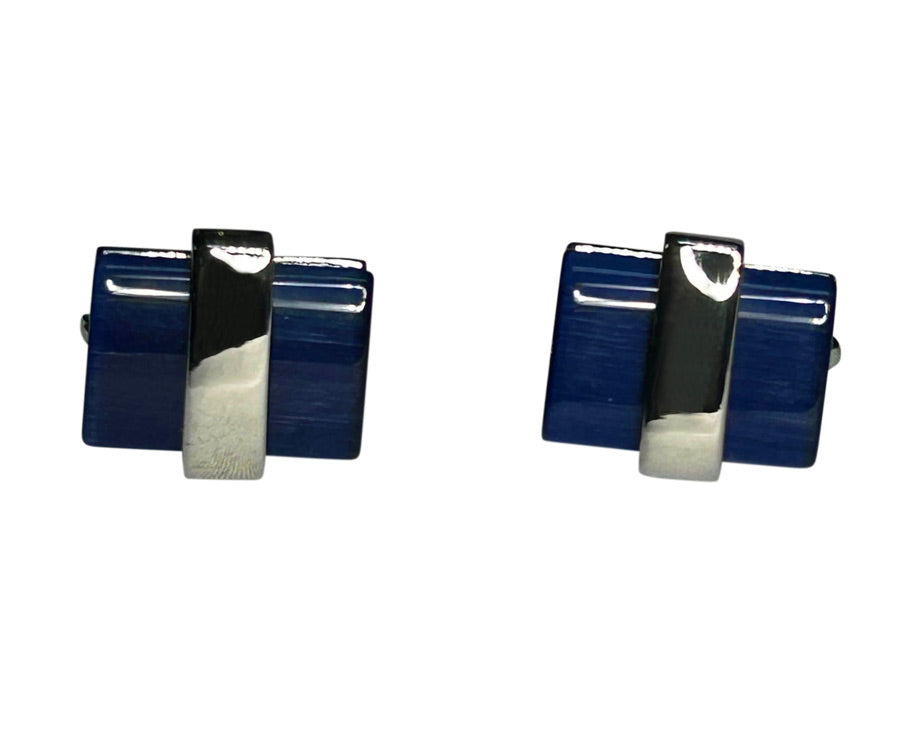 Pair of blue and silver rectangular cufflinks on a white background
